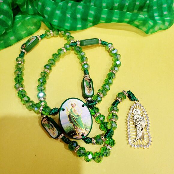 San Judas Tadeo Rosario Necklace crystal beads Rosary Saint Jude 10mm 2 sided - Picture 2 of 12